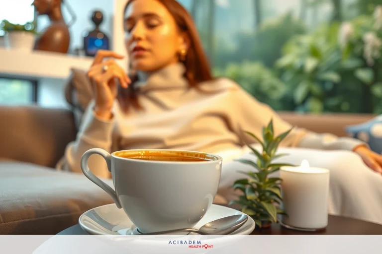 This image features a person seated indoors, possibly in a relaxed setting like a cafe. The individual is dressed casually and appears to be enjoying a moment of tranquility or perhaps waiting for someone. On the table in front of them is a cup of hot beverage, which could be tea or coffee based on its color.