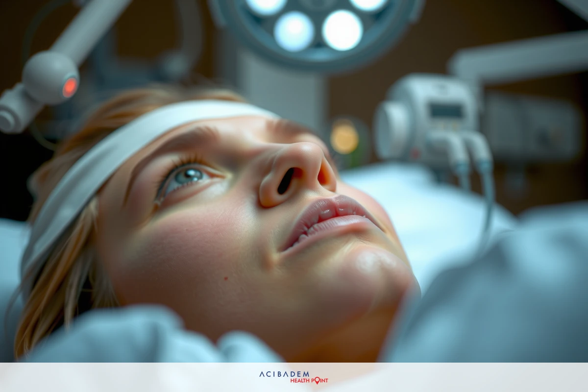 The image shows a young woman lying in a hospital bed. She appears to be undergoing medical treatment, as suggested by the presence of monitoring equipment.