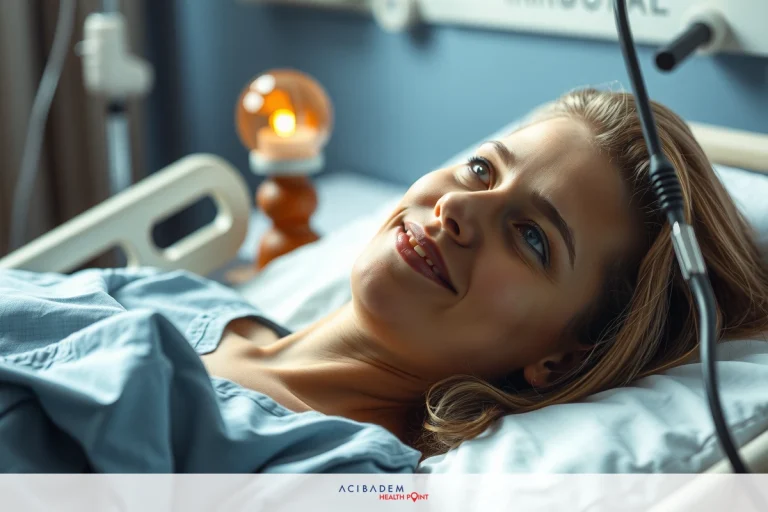 When Can You Fly After Rhinoplasty The image shows a woman lying in a hospital bed, smiling. She is connected to medical equipment, suggesting she might be in an intensive care unit or receiving specialized care.