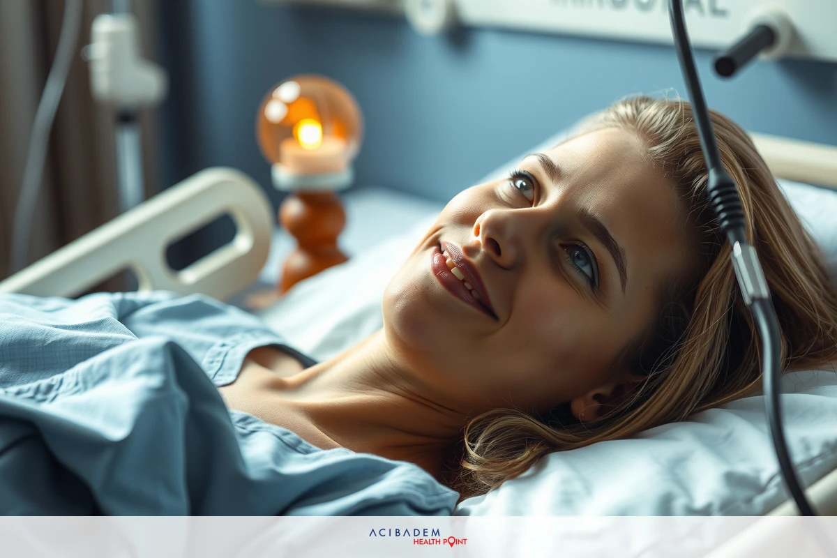 The image shows a woman lying in a hospital bed, smiling. She is connected to medical equipment, suggesting she might be in an intensive care unit or receiving specialized care.