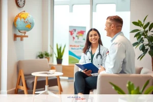 The image shows a professional office setting. In the foreground, there is a male doctor wearing scrubs and a stethoscope around his neck. He has short hair and appears to be in conversation with a female doctor who is sitting opposite him on the couch.