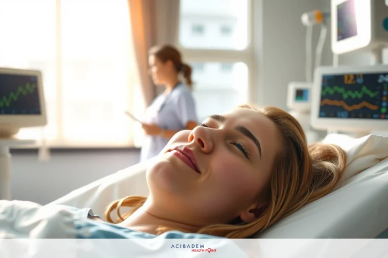 When to Remove Cast After Rhinoplasty The image depicts a hospital setting with medical equipment, likely representing healthcare or wellness content. It features a woman lying in a hospital bed with her eyes closed and a smile on her face. Another person is present, possibly a medical professional attending to the patient.