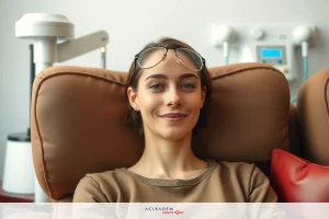 A woman sitting in a medical chair, smiling at the camera. She is wearing glasses and appears relaxed, possibly ready for a medical appointment or procedure.