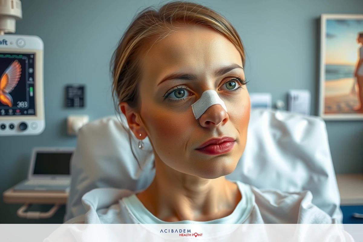Image depicts woman in medical setting wearing a bandage over her nose. She is seated on a hospital bed, which has various medical equipment around it such as IV drip and monitor. The room has clinical blue color scheme and appears to be focused on healthcare or recovery theme.