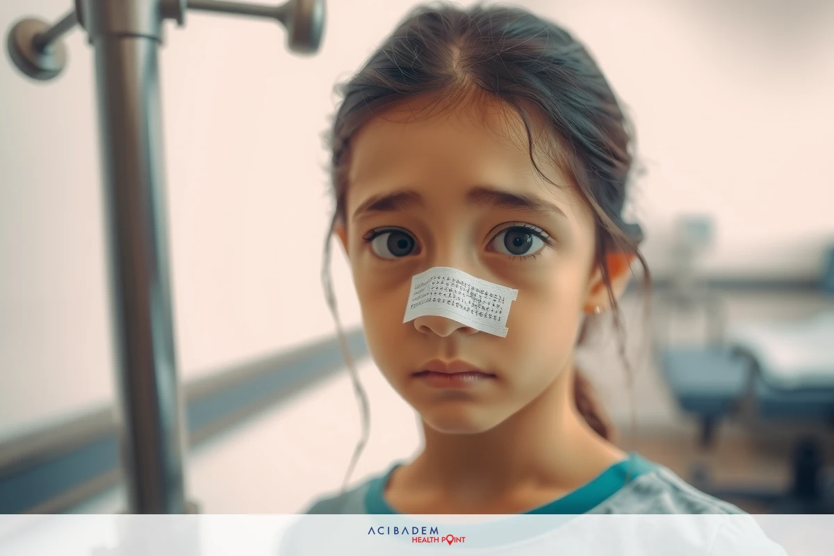The image shows a young girl in a medical environment. She appears concerned or contemplative with her eyes looking away from the camera and slightly furrowed brows. The setting includes what looks like an examination table and possibly medical equipment in the background, indicating that this could be a hospital or clinic.