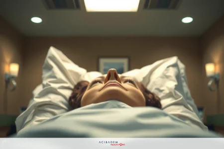 The image shows a close-up of a person lying in a hospital bed. The individual is wearing a surgical gown, suggesting they may be receiving medical treatment or having difficulty breathing.