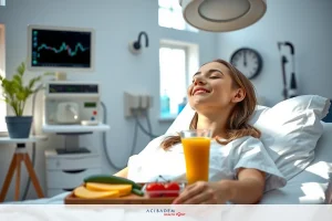 Image of a woman lying in hospital bed with a tray of food beside her, smiling. She is holding a glass of orange juice, looking well and content.