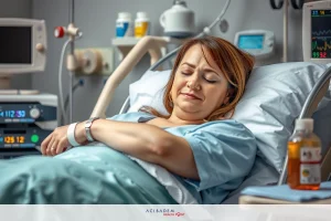 A woman lying in a hospital bed. She is wearing a hospital gown and seems concerned or worried about something.