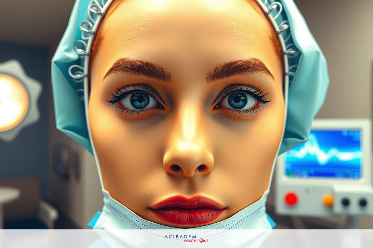 The image features a woman wearing a surgical mask and goggles, which suggests she may be in a medical or healthcare setting. The environment around her appears to be a clinical space with medical equipment and lights typical of an operating room.