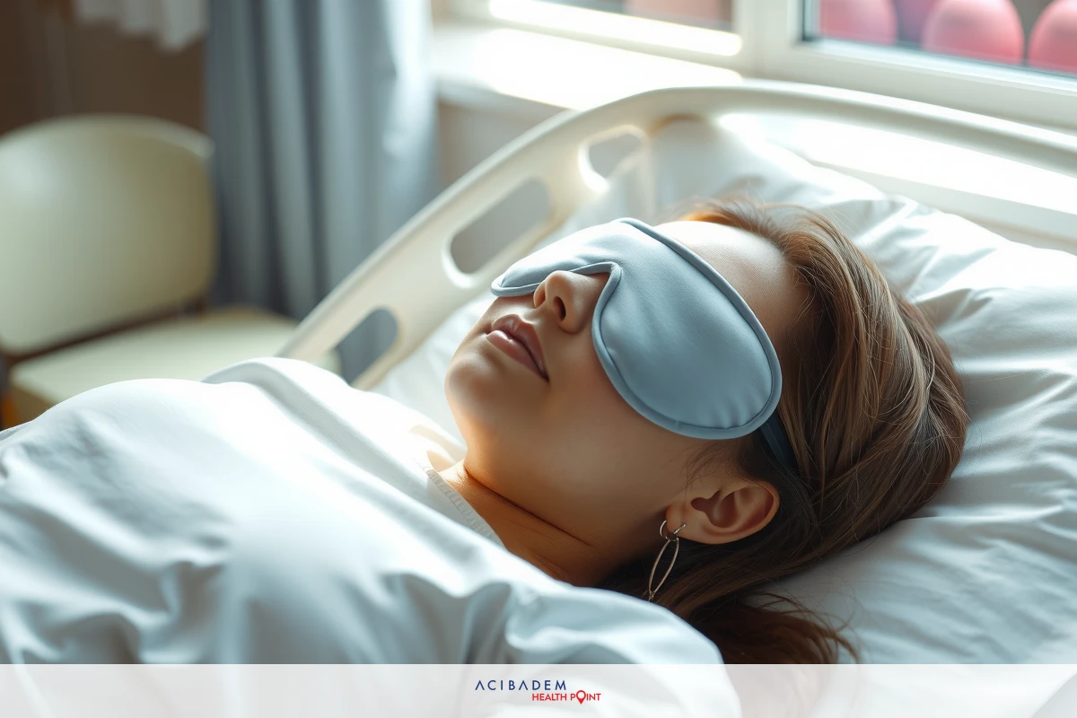 Image shows a young woman lying in hospital bed with closed eyes, wearing blue sleep mask. Her hair is dark, and she has light skin. The room appears brightly lit with a window hinted at behind her.