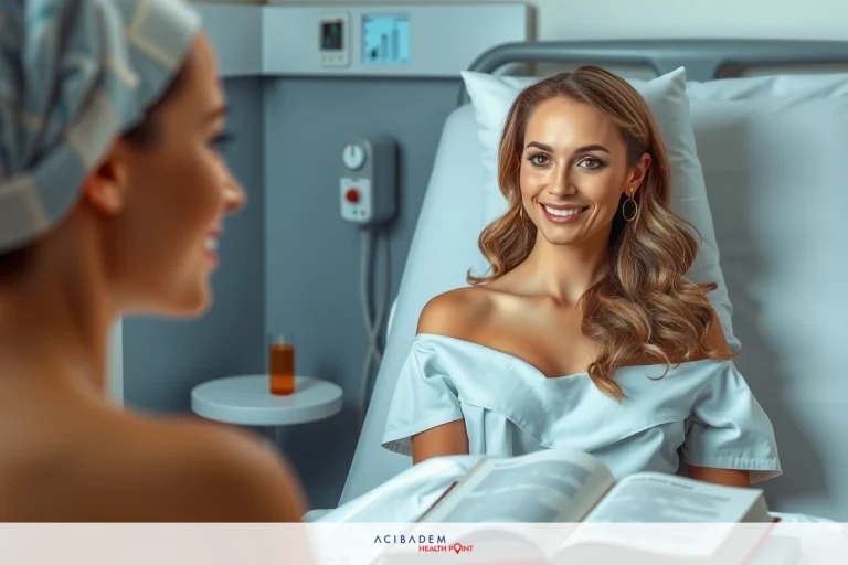 The image features two women in a hospital setting. One woman is lying on a bed, smiling at the other woman who is standing beside her. The environment suggests a medical or clinical context with visible healthcare equipment and staff attire.