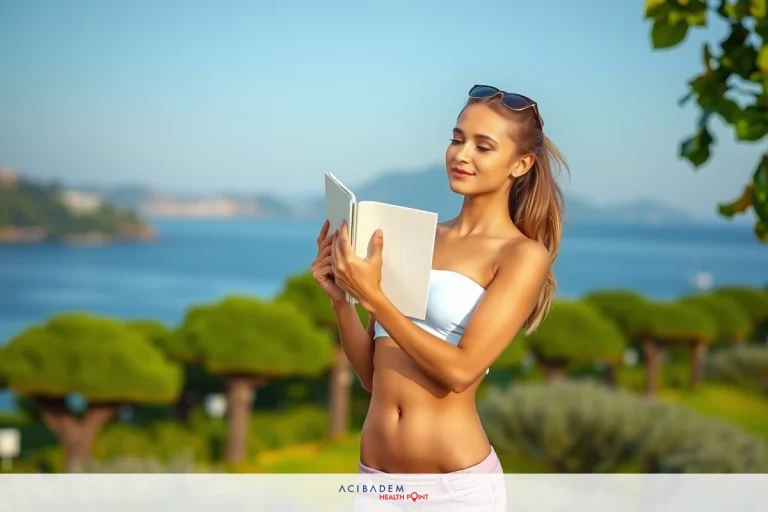 The image features a woman standing on the edge of a cliff with a view of a body of water and a city in the distance. She is dressed in a bikini top and shorts, holding a book in her hands, possibly enjoying some leisure time while reading.