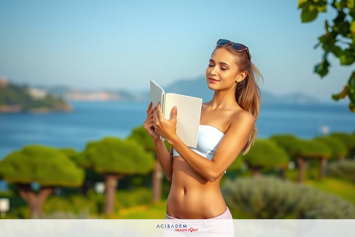 The image features a woman standing on the edge of a cliff with a view of a body of water and a city in the distance. She is dressed in a bikini top and shorts, holding a book in her hands, possibly enjoying some leisure time while reading.