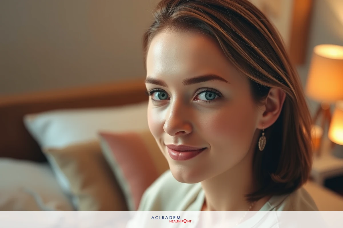 This image features a woman sitting on a bed. She is looking directly at the camera with a subtle smile. The room has a warm, inviting feel, with soft lighting and neutral tones.