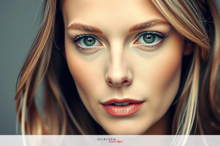 Will My Nose Grow After Rhinoplasty? Close-up of a woman's face, featuring prominent makeup and vibrant eye color. A mix of warm and cool tones dominates the image.