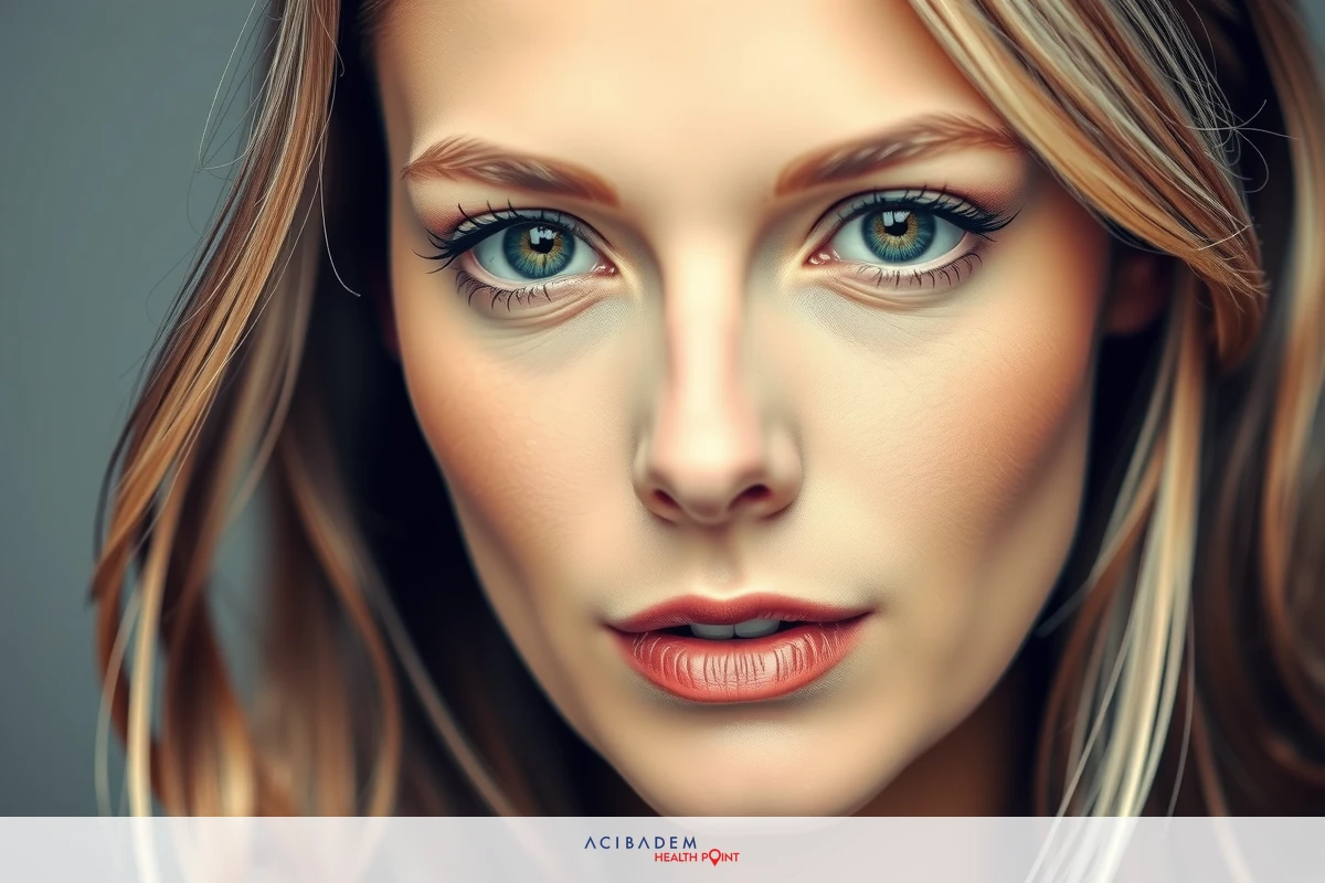 Close-up of a woman's face, featuring prominent makeup and vibrant eye color. A mix of warm and cool tones dominates the image.