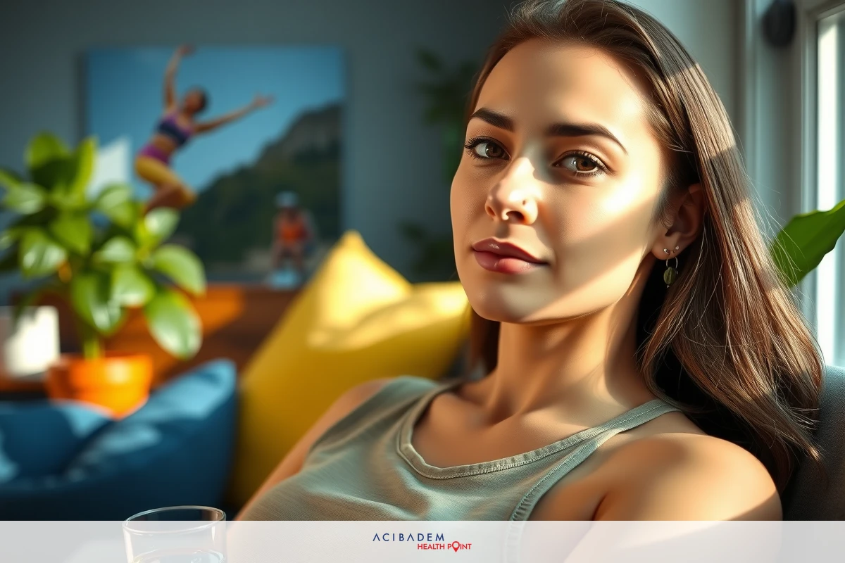 This is a portrait of a young woman with dark hair, wearing a sleeveless top. She appears to be relaxed, possibly enjoying some downtime indoors.