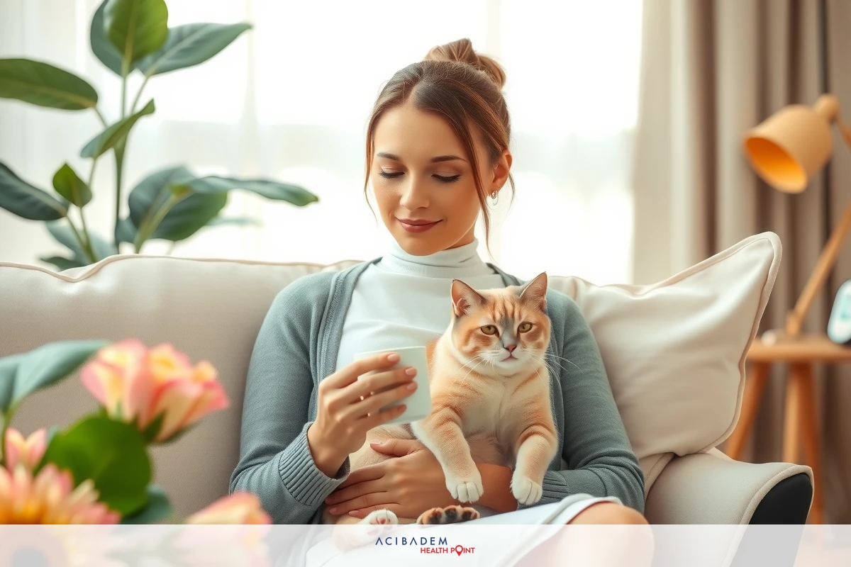 A woman sitting on a couch, holding and gently petting a brown tabby cat. The room has soft lighting, creating a cozy atmosphere.