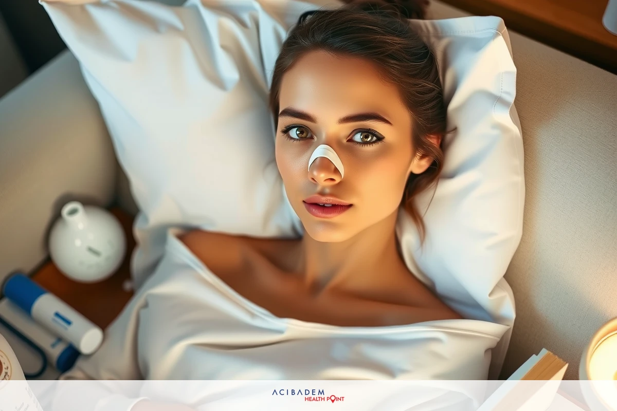 Woman lying in couch. White pillow and blue sheets. A teapot sits nearby on the nightstand.