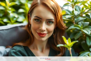 The image depicts a woman with red hair and green eyes, wearing a black top. She is seated amidst potted plants, leaning her head on one of them. The background is suggests an outdoor setting, possibly a garden.