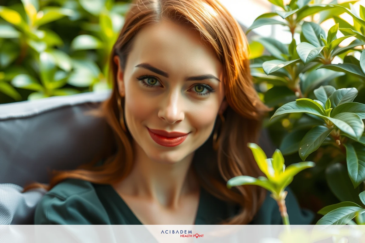 The image depicts a woman with red hair and green eyes, wearing a black top. She is seated amidst potted plants, leaning her head on one of them. The background is suggests an outdoor setting, possibly a garden.