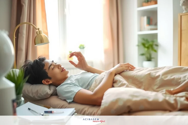 An image depicts a person lying in bed, appearing to sleep or be in a relaxed state. The bedroom setting is warmly lit with natural light coming through the windows. There are various personal items around such as books and a plant on the nightstand.