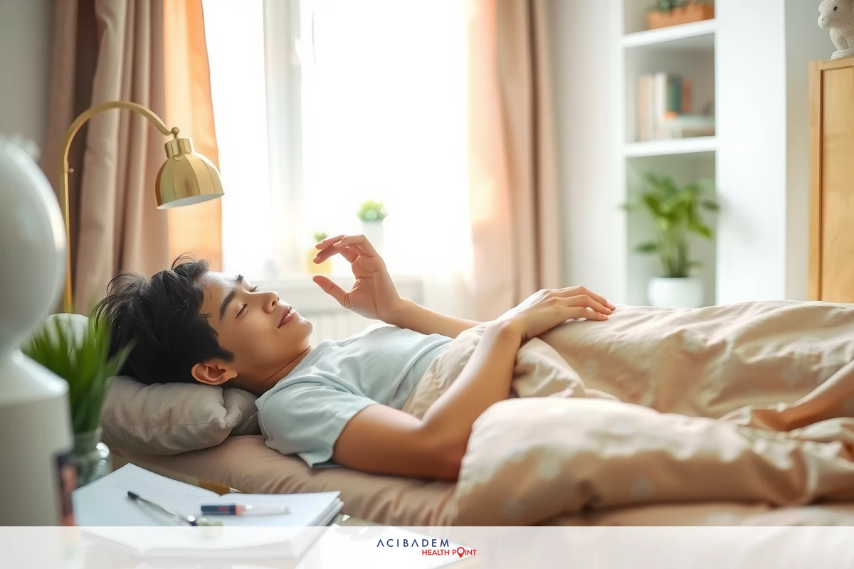 An image depicts a person lying in bed, appearing to sleep or be in a relaxed state. The bedroom setting is warmly lit with natural light coming through the windows. There are various personal items around such as books and a plant on the nightstand.