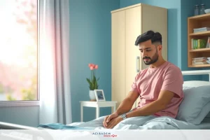 A man sits up in a hospital bed, dressed in medical scrubs. The room has an inviting ambiance with warm lighting and modern furnishings.