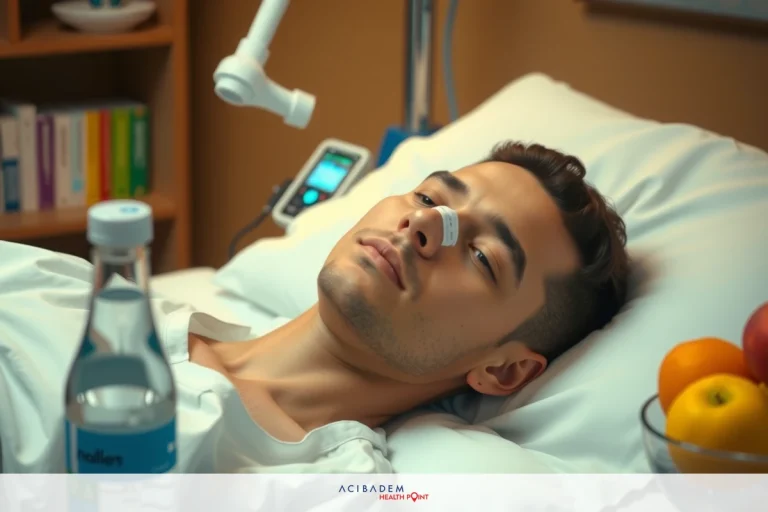The image portrays a man lying in a hospital bed. He is wearing medical attire and appears to be resting with his eyes open, suggesting he might be ill or recovering from an operation. On the table beside him are various items including a bottle of water, possibly for hydration.