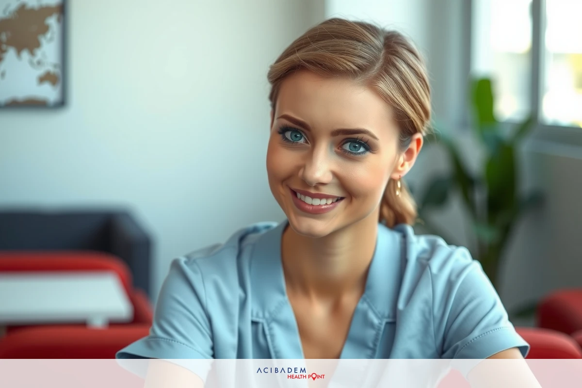This is a photograph of a woman sitting in an indoor setting. She has light skin, blue eyes, and short blonde hair. The woman is wearing a light-colored shirt with rolled-up sleeves and appears to be smiling, looking towards the camera.