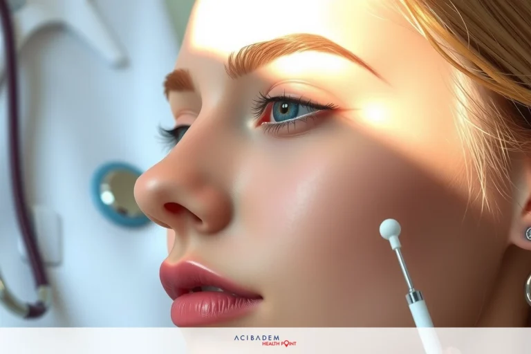 The image depicts a woman with light skin and blue eyes, wearing makeup. She appears to be in a clinical or medical setting. The subject is looking slightly downward towards her nose, possibly indicating concentration or concern.