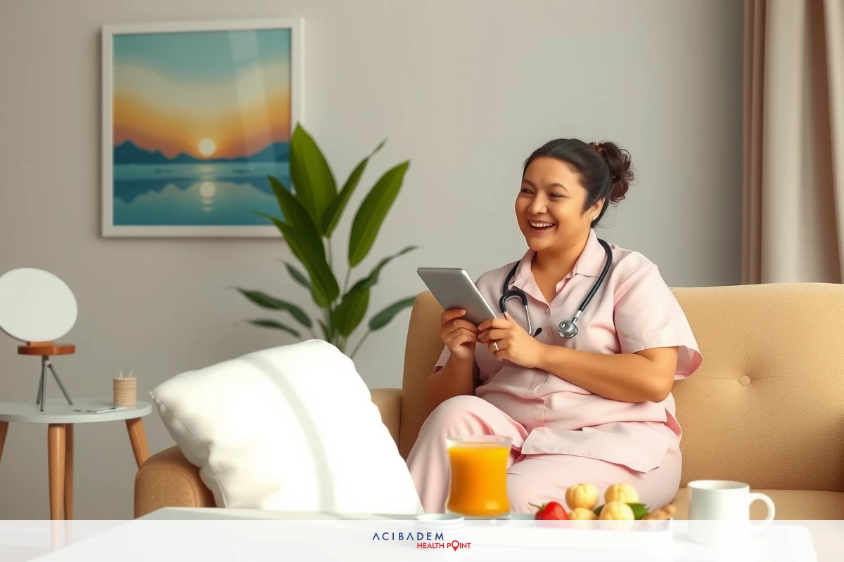 The image features a cheerful healthcare professional, likely a nurse or a doctor, sitting on a couch in a modern living room. The person is dressed in a medical uniform and appears to be smiling while using a tablet device, possibly reviewing patient information or engaging with an online consultation platform.