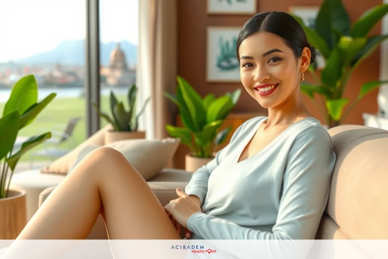 BBL Surgery Turkey Price A woman seated on a couch, smiling at the camera, wearing a grey outfit. The room has modern decor with potted plants and is well lit.
