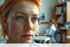 The image features a woman with red hair sitting in an office environment. She is wearing glasses and has a concerned or focused expression on her face. The office setting includes desks with computers, books, and shelves in the background.