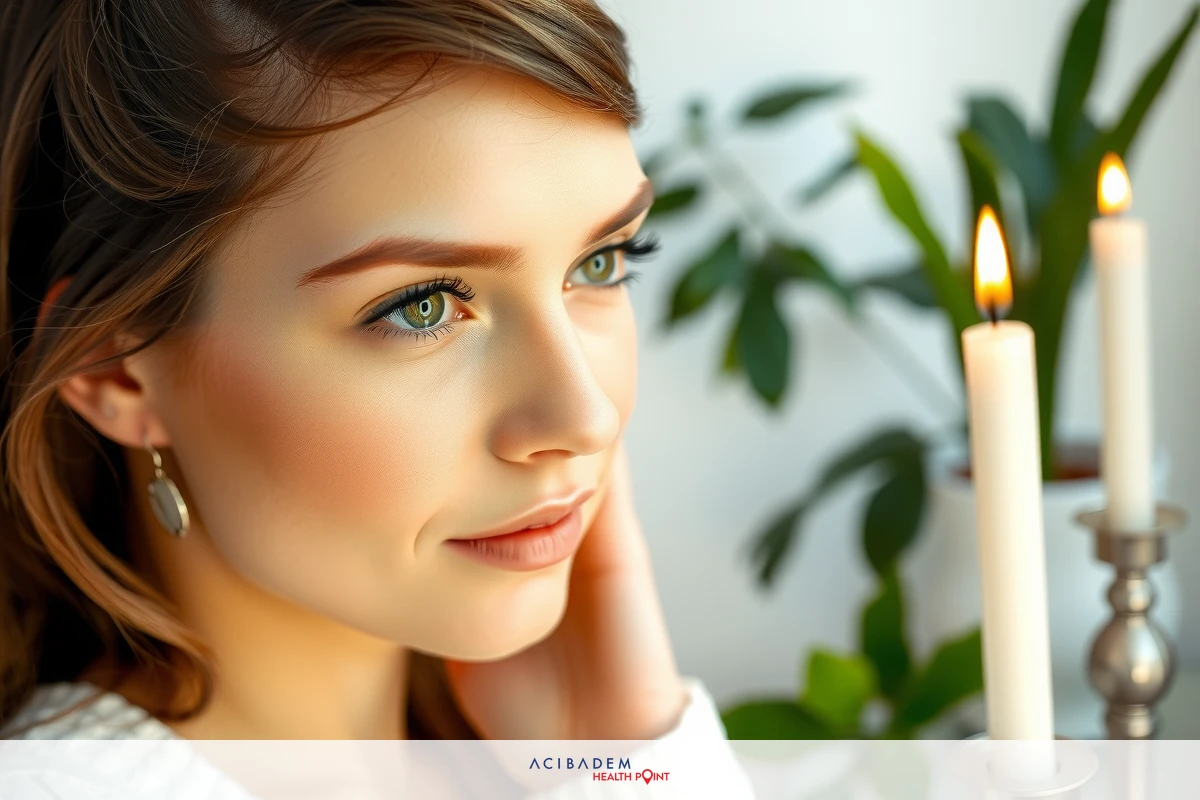 Close-up of young woman with makeup looking down. She has blue eyes and is wearing a white top, surrounded by candles.