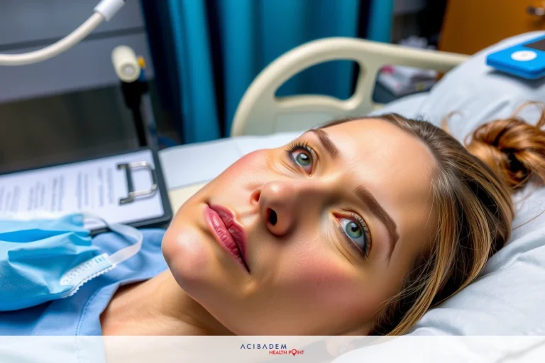 A woman lying on a hospital bed, with medical equipment around her. She is in a hospital setting, and the image conveys a sense of healthcare or medical examination.