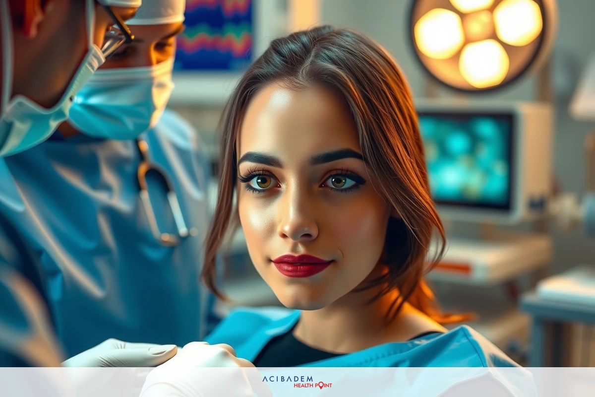 Medical scene in the operating room, with two surgeons wearing full surgical gear and masks performing a procedure on a patient. The woman has her head turned to the side, looking directly at the camera with a calm expression.