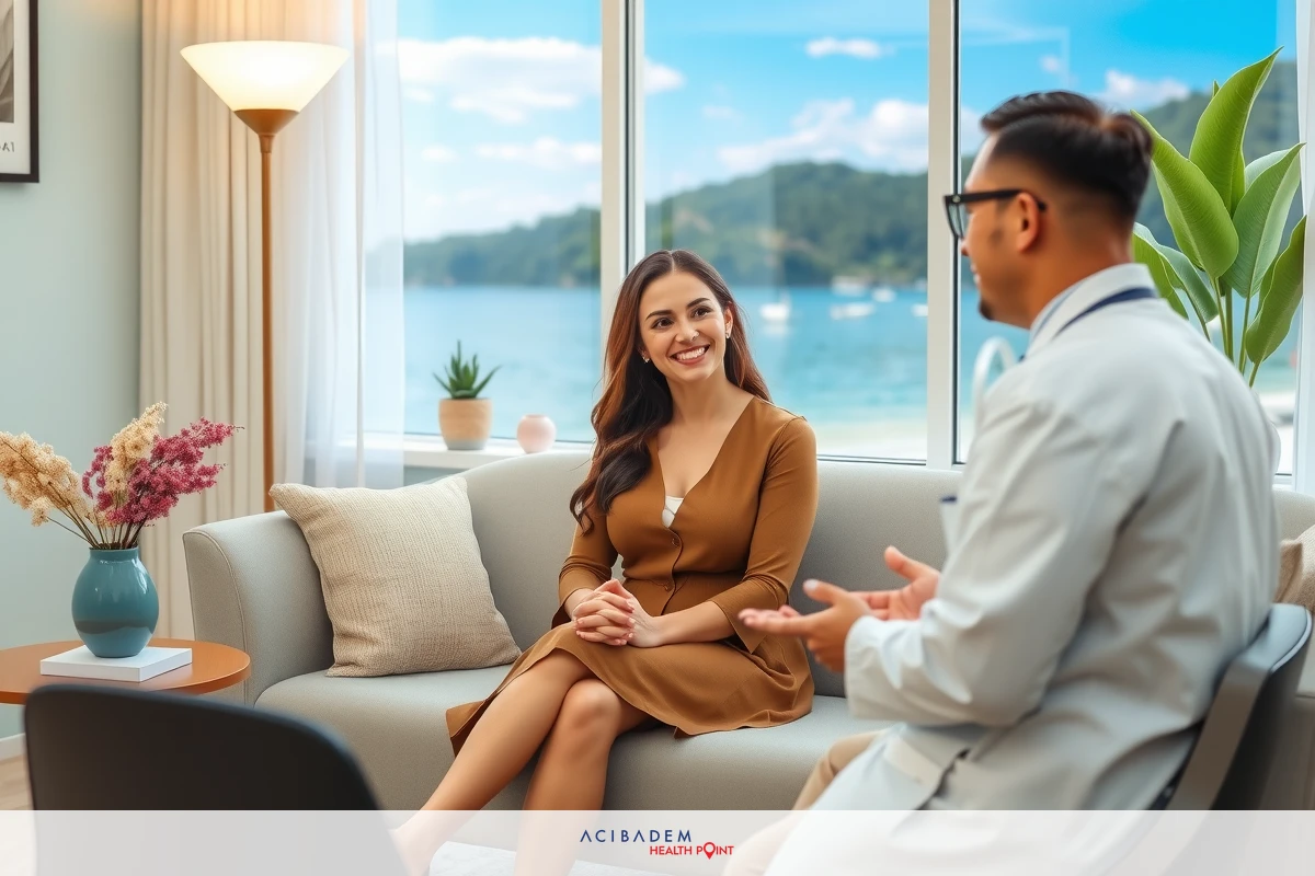 The image shows a man and woman engaged in what appears to be a conversation within an interior space, possibly a waiting room or a small office. The woman is seated on a couch, while the man stands facing her. Both are dressed casually and seem relaxed.