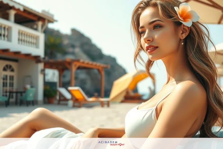 A woman wearing a bikini and a flower necklace is sunbathing on the beach. She is reclining on a lounge chair under a sun umbrella, enjoying the tropical climate. The sandy beach leads to colorful buildings in the background, indicating a holiday or vacation setting.