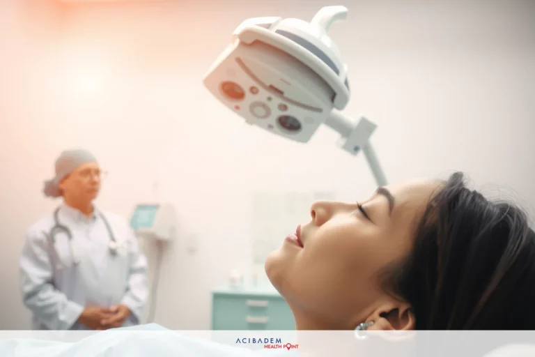 The image shows a medical setting with two individuals. A woman is lying down on what appears to be an examination table. She has her eyes closed and seems focused. Standing next to her is a healthcare professional dressed in medical scrubs.