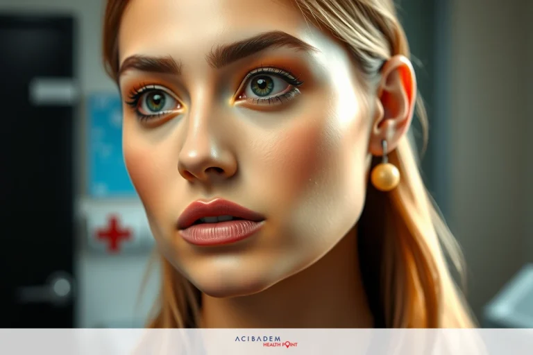 The image features a woman with a neutral expression. She has fair skin, blonde hair, and is wearing light makeup that accentuates her eyes. The woman is gazing to the side with a slight frown on her lips, creating a contemplative mood.