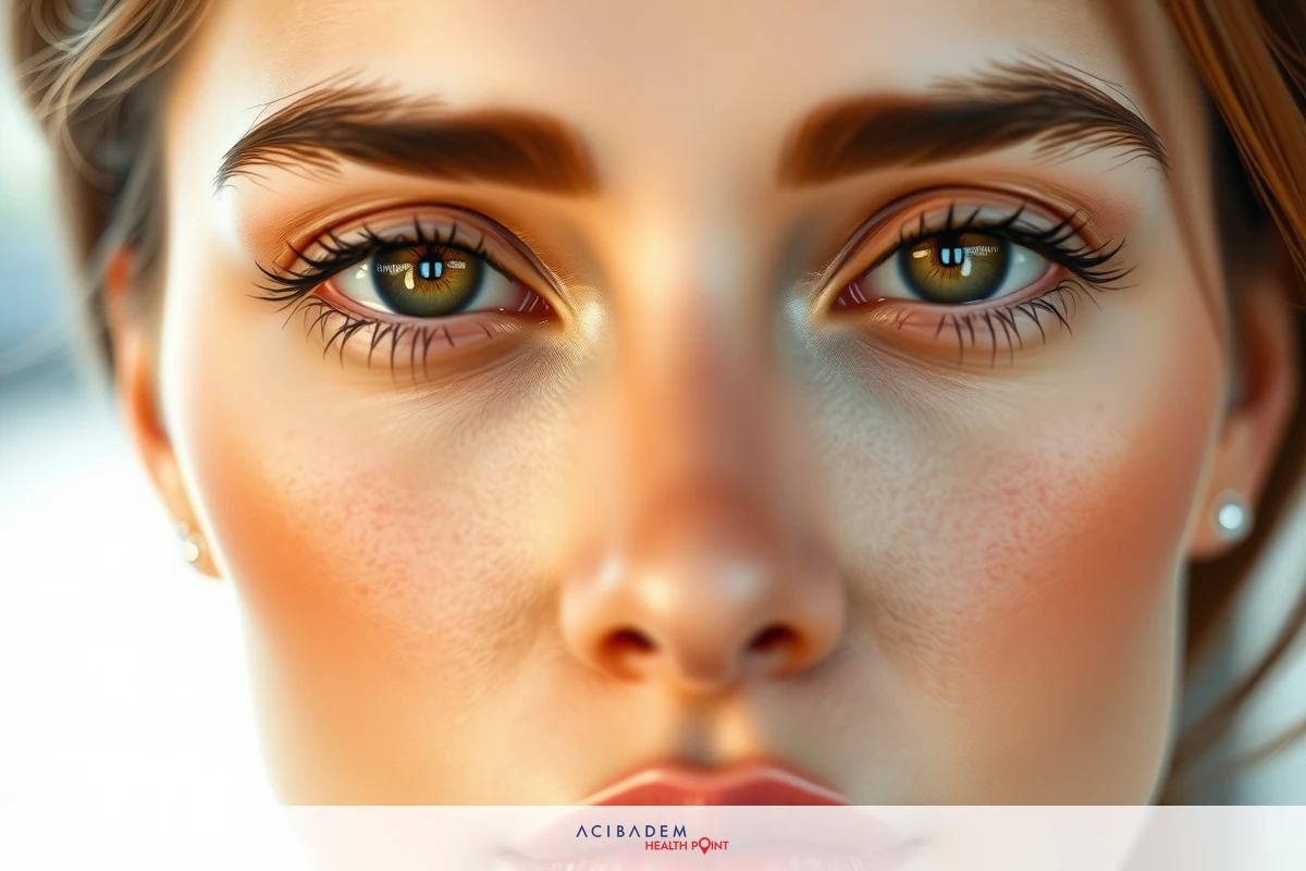 Close-up image of a woman's face. Focus on her eyes, nose, and lips with detailed makeup application highlighting the eyelashes, eyeshadow, contouring, and lipstick.