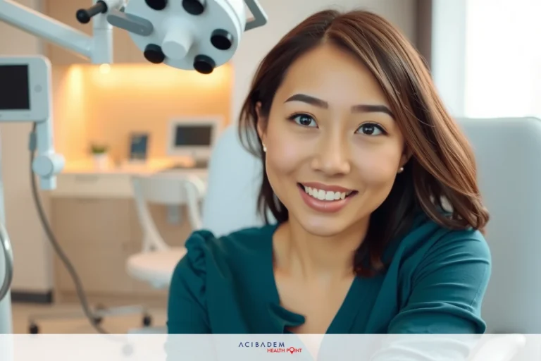 A young woman in a medical office, smiling and facing the camera. She is sitting at a chair with an overhead light and mirror behind her.