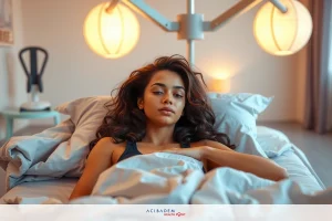 A young woman is lying in bed, looking upwards with a contemplative expression. She has dark hair and is wearing a black bralette. The room appears to be well-lit with natural light streaming through an unseen window. The overall scene conveys a sense of relaxation and introspection.
