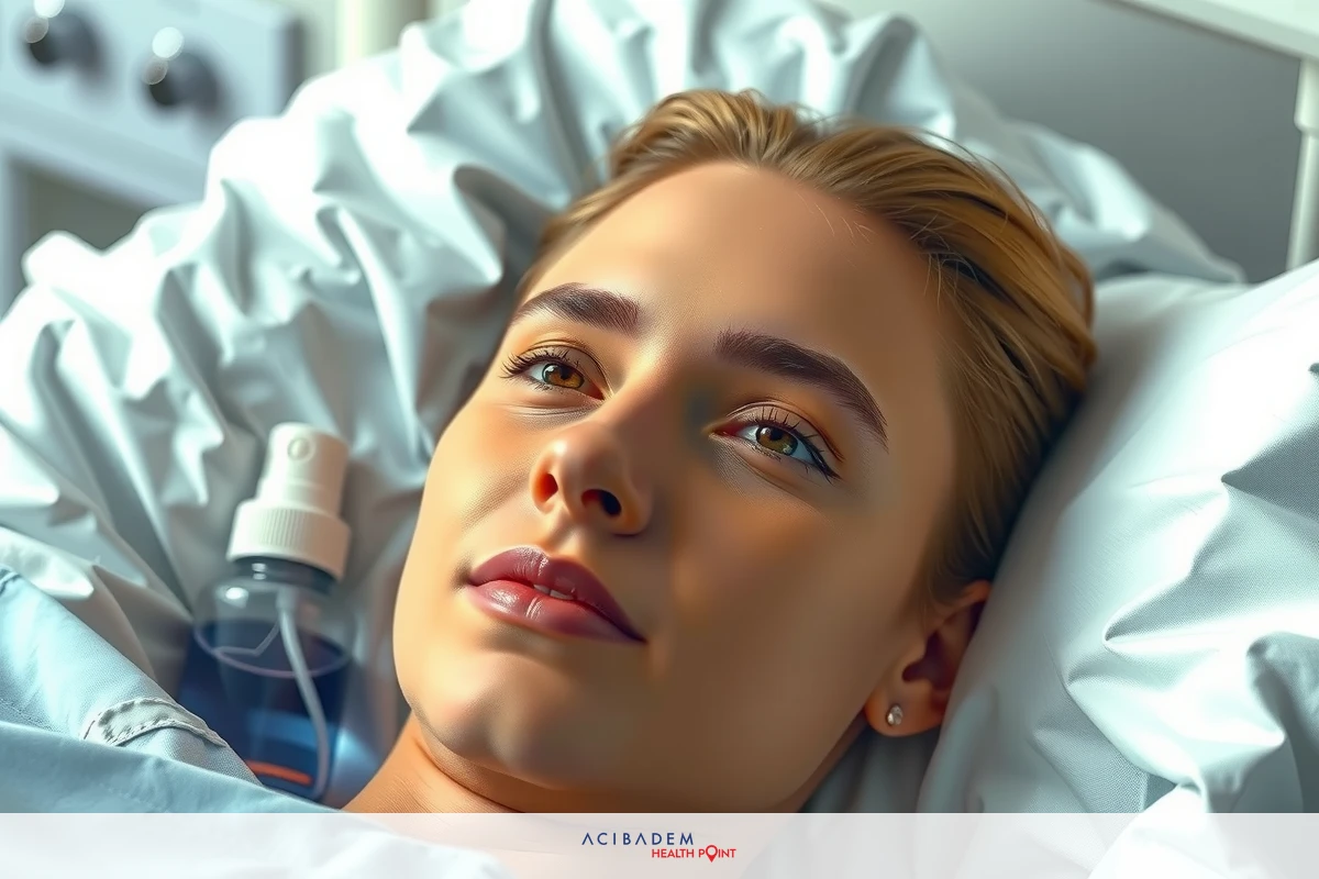 The image features a woman lying in a hospital bed with medical equipment. She is looking directly at the camera and appears to be undergoing treatment or observation. The scene has clinical white tones, emphasizing a sterile environment typical of a healthcare setting.