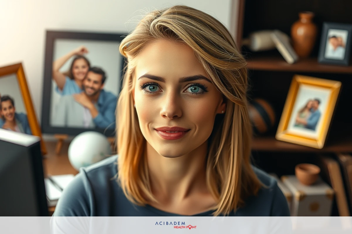 A woman sitting at a desk, smiling and looking to her right. She has short blonde hair and is wearing a casual top. On the desk are several photographs, suggesting she might be in an office or personal space designed for work or productivity.