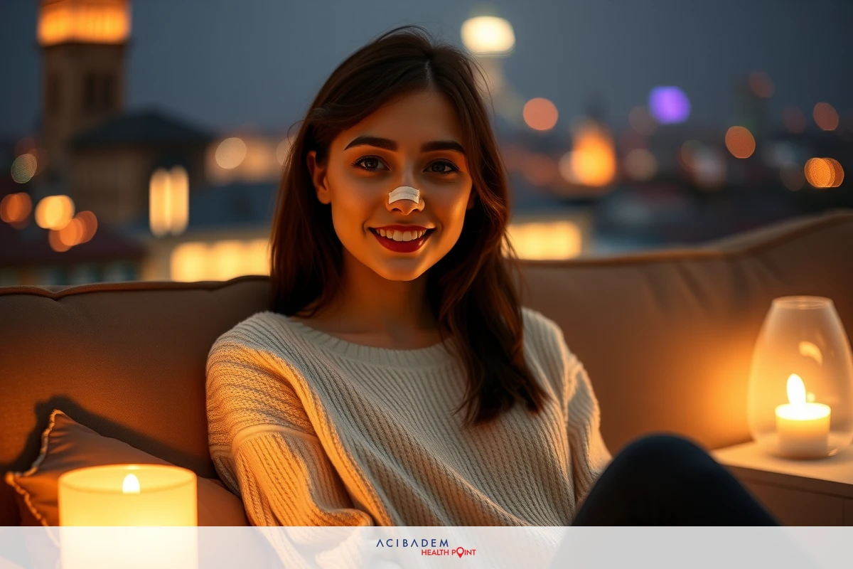 A young woman sits on a couch with her legs crossed, wearing a cream sweater. She has a small smile and is holding a tissue up to her nose, possibly indicating she's feeling ill.