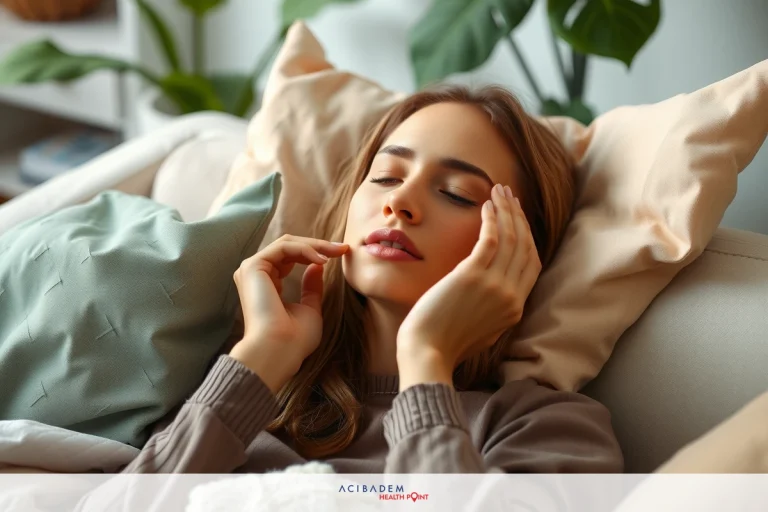 The image shows a woman lying down on her stomach, resting her head on one hand and the other hand on her face. She appears to be relaxed and could be asleep or simply resting. The background is softly lit, with indoor furnishings suggesting a comfortable home environment.