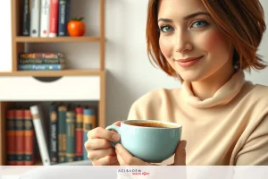 A woman has short, neat hair and is wearing a light brown sweater. The subject is smiling and enjoying a cup of coffee from a teal mug. In the background, there are books suggesting a comfortable reading space. The overall vibe is relaxed and warm.