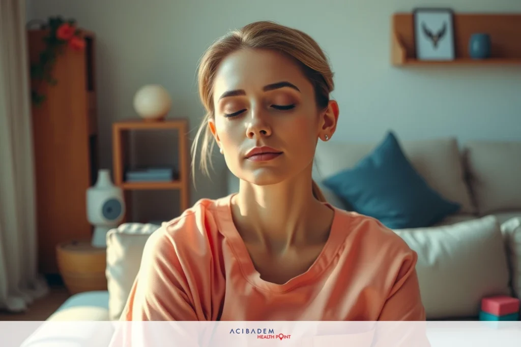 How Long to Workout After Rhinoplasty This image features a woman in a relaxed seated position with her eyes closed, suggesting she might be meditating or resting. She is wearing a light-colored top, and there are cozy elements around her such as soft furnishings like a couch and pillows, indicating a comfortable indoor setting. The atmosphere appears serene and tranquil.